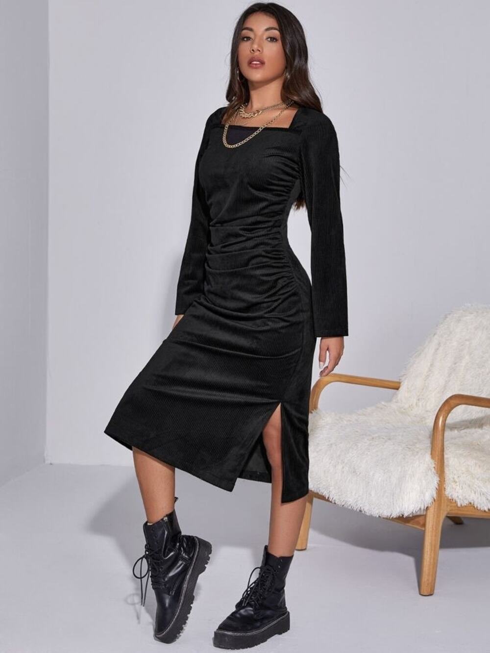 Shein Slit Hem Ruched Ribbed velvet midi dress Black Xs